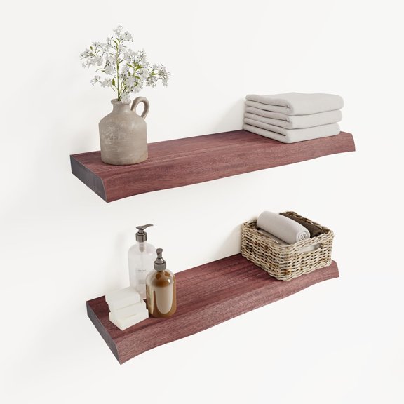 24" Acacia Live Edge Floating Shelves Set of 2 - Wall Mounted Wooden Shelf for Stylish Home Décor - Cherry Color 24x7.5x1.5 Inches