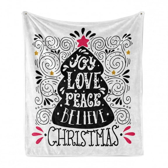 Joy Soft Flannel Fleece Blanket, Abstract Christmas Tree Pattern with a Tree Topper Curlicues Swirled Lines, Cozy Plush for Indoor and Outdoor Use, 60" x 80", Dark Coral Black White, by Ambesonne