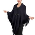 thumbnail image 2 of MSJUHEG Kimonos,Poncho Sweater Women,Cape Coat,Shawl Wraps,Wrap Cardigan,Cape Fringe Horn Buckle Irregular Double Fringe Cape Warm and Thick Navy A, 2 of 5