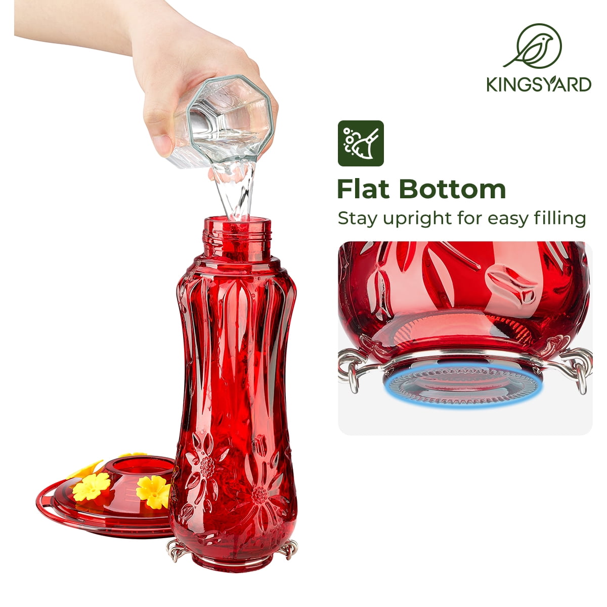 Kingsyard Hummingbird Feeder for Outdoors Hanging, 25 Ounces Leak Proof, Glass Humming Bird Nectar Feeder with Ant Moat & 6 Bee Guard Feeding Ports, Red