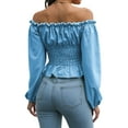 thumbnail image 4 of QAFOPEH Women Solid Color Off Shoulder Long Sleeve Corset Design Smocked Blouse, 4 of 5
