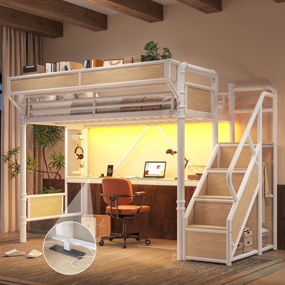 Harper & Bright Designs Twin Loft Bed with Built-in Desk and Wardrobe, Metal Loft Bed Frame with Storage Stairs and Baskets, Industrial Loft Bed with Power Outlet and LED Strip for Boys Girls, White
