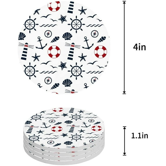 FMSHPON Nautical Sailor Sea Lighthouse Cartoon Steering Wheel Set of 4 Round Coaster for Drinks, Absorbent Ceramic Stone Coasters Cup Mat with Cork Base for Home Kitchen Room Coffee Table Bar Decor