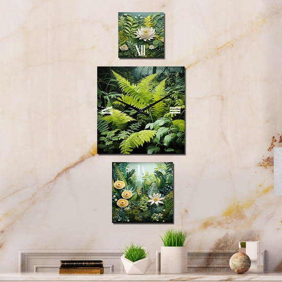 Designart "Ferns' Wonderland in the Green World" Ferns Extra large Clock For Office Décor - Large Modern Wall Clock - Oversized Green Wall Clock - Set Of 3