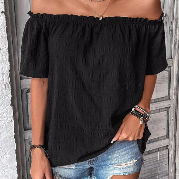 Fiudx Ropa de Mujer Blusas de Manga Corta con Hombros Descubiertos, Informales, de Color Sólido, a La Moda para Mujer