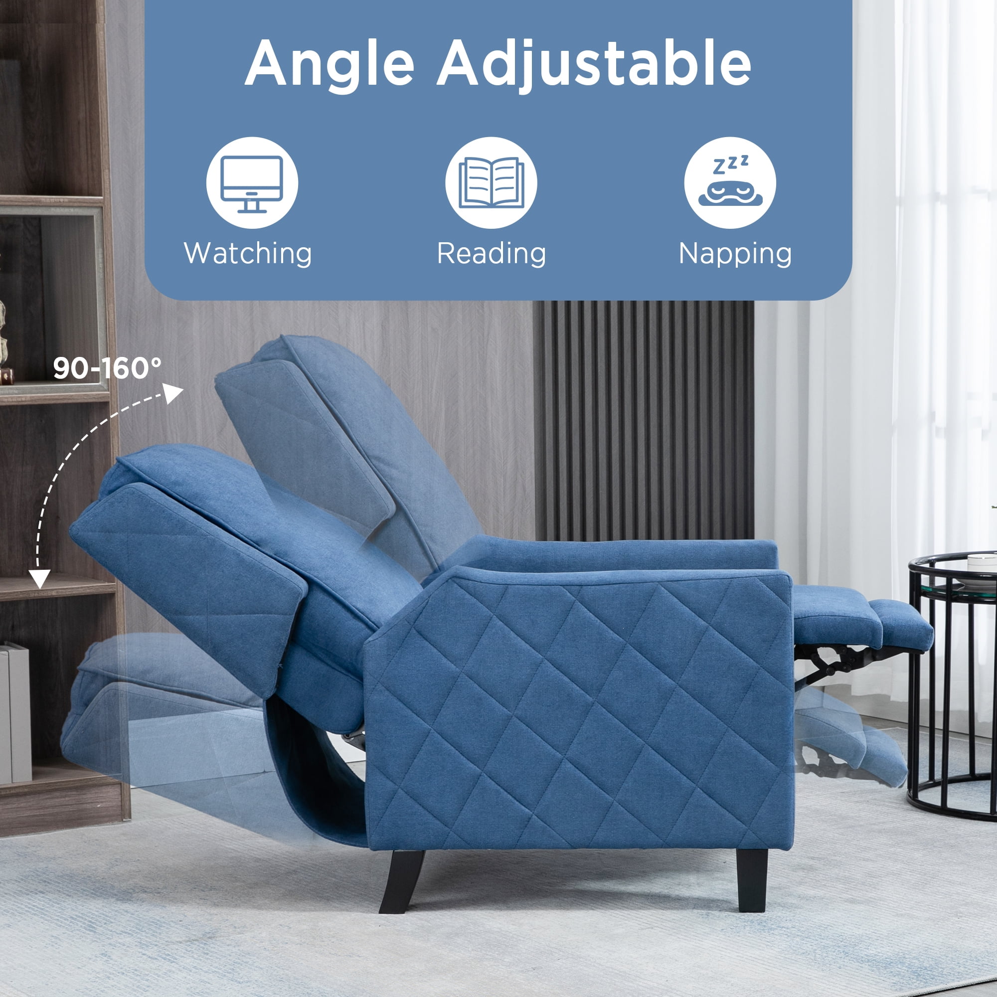 AVAWING Push Back Recliner Chair, Blue Wing Back, Fabrics, Mid-Century Accent, Living Room