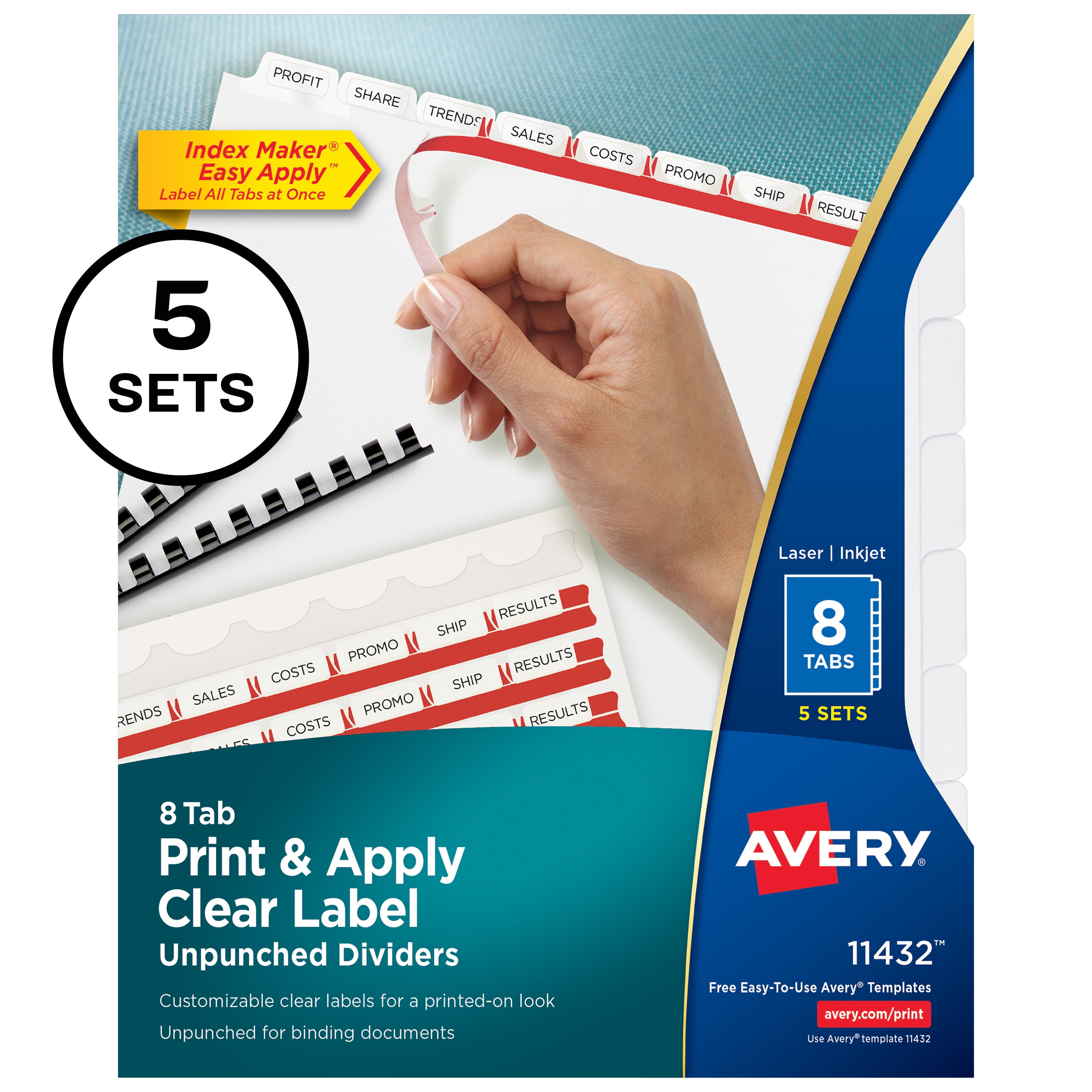 Avery 8-Tab Unpunched Binder Dividers, Easy Print & Apply Clear Label Strip, Index Maker, White ...