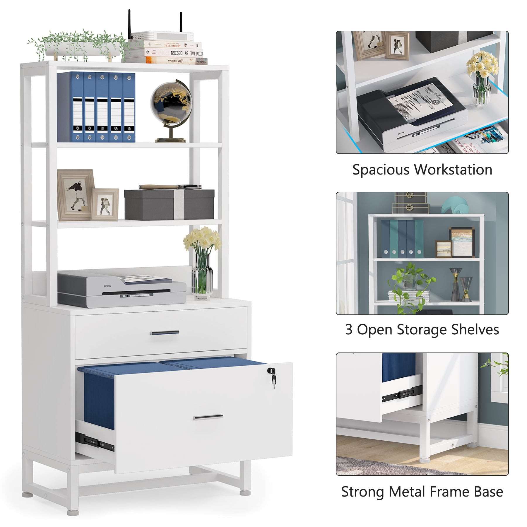 Tribesigns 2 Drawer File Cabinet with Lock, Letter Size Modern Filing Cabinet with Storage, White