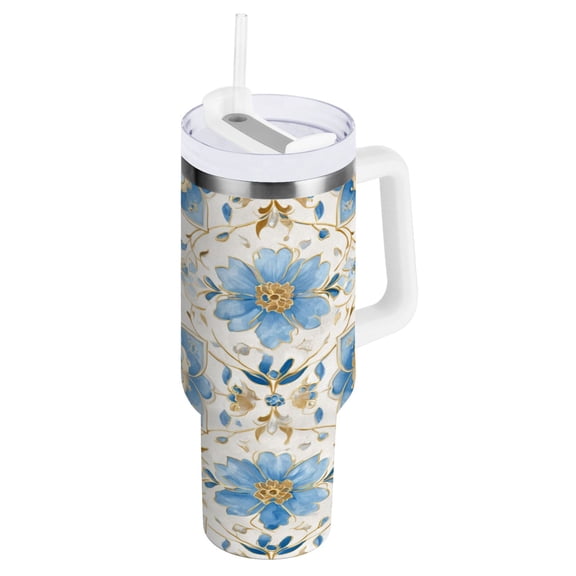 40 oz Insulated Stainless Steel Tumbler Double Wall Stainless Steel Tumbler with 2-Way Drinking Elegant and Timeless Blue Flower