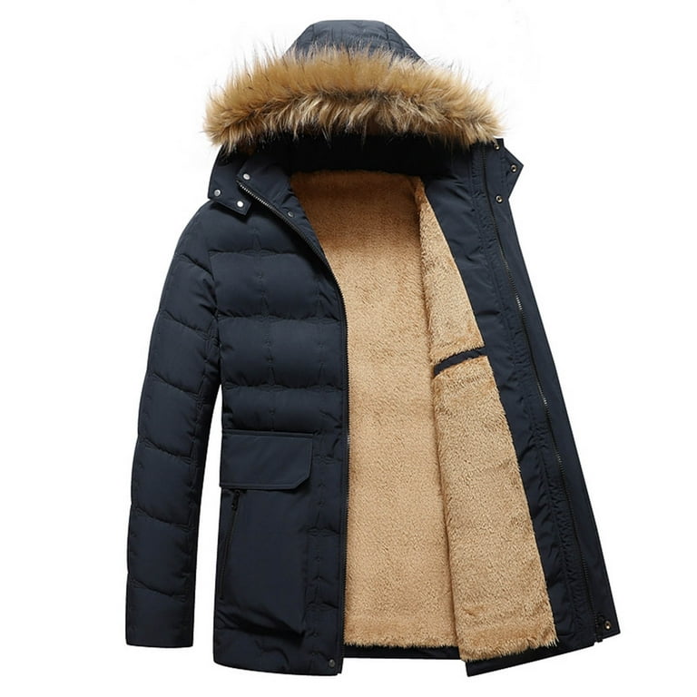 ZQUUVOU Men's Hooded Quilted Coat Zip Front Long Sleeve Faux Fur