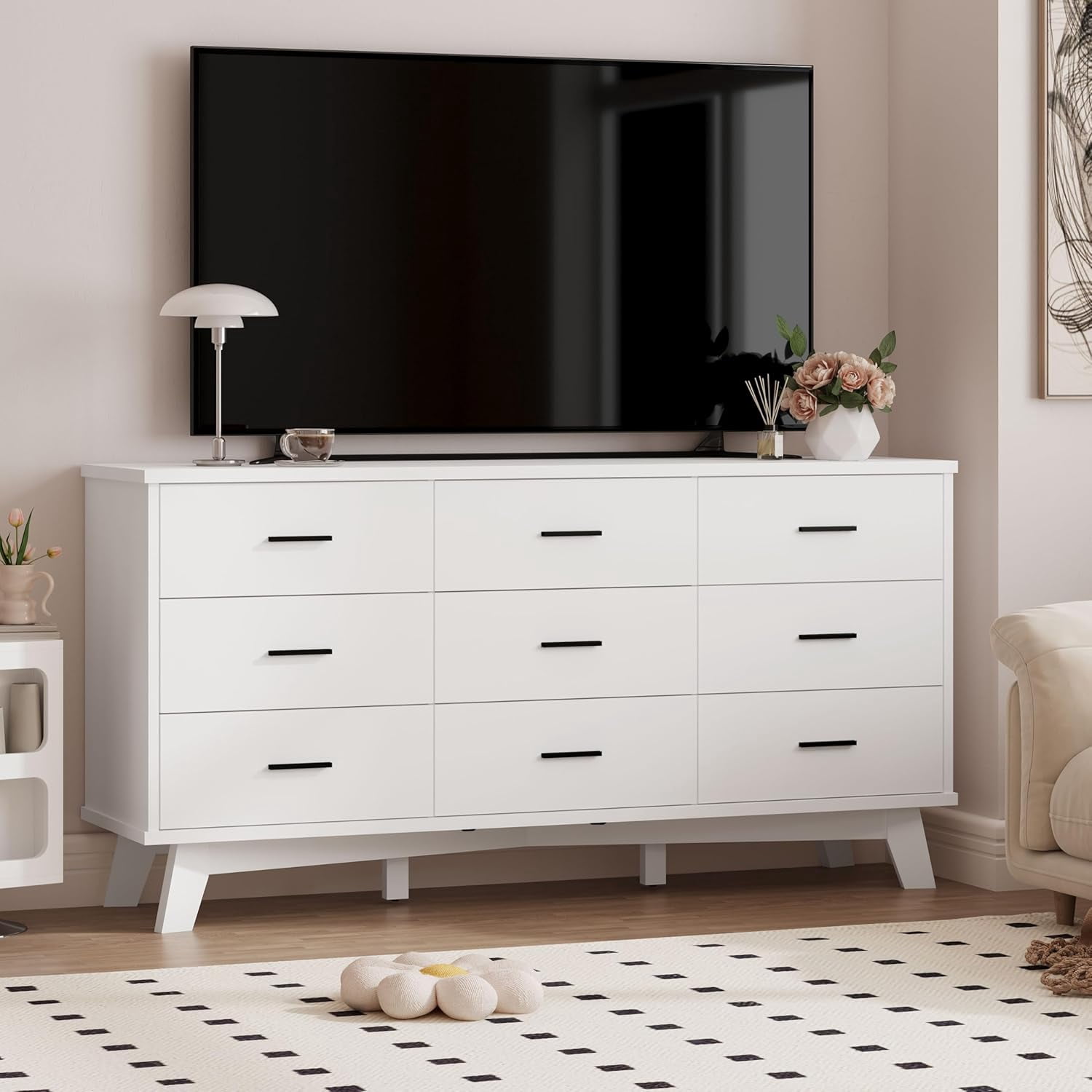 FANRAL 9 Drawer Dresser for Bedroom,Wood Modern Chest of Drawers with X-Shaped Sturdy Base,White Dresser