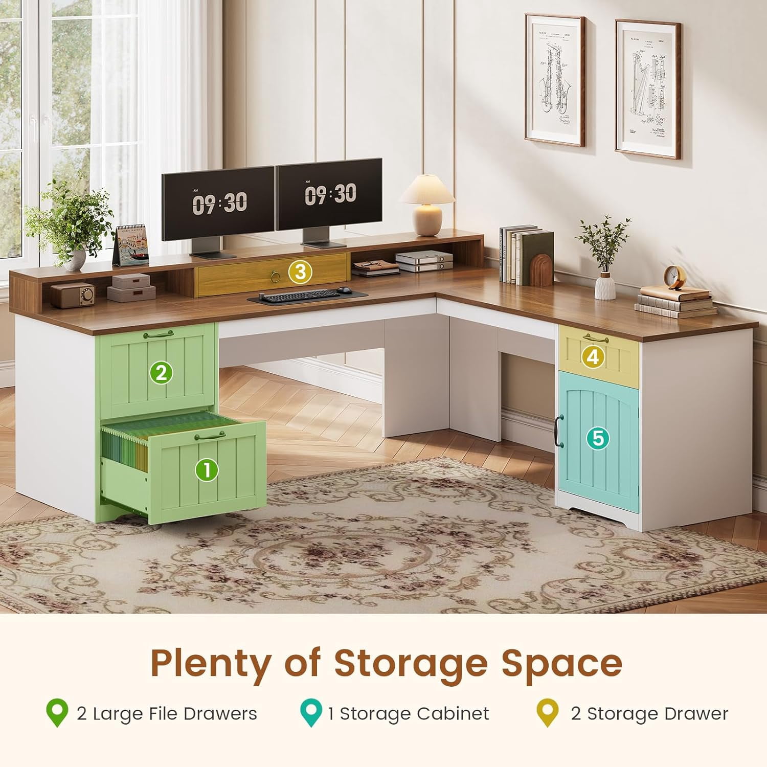 Farmhouse L Shaped Desk with Storage, Rustic Corner Desk with Monitor Stand, 2 File Drawers & 1 Cabinet, Home Office Desk with Spacious Desktop, Large PC Workstation, White & Black Top