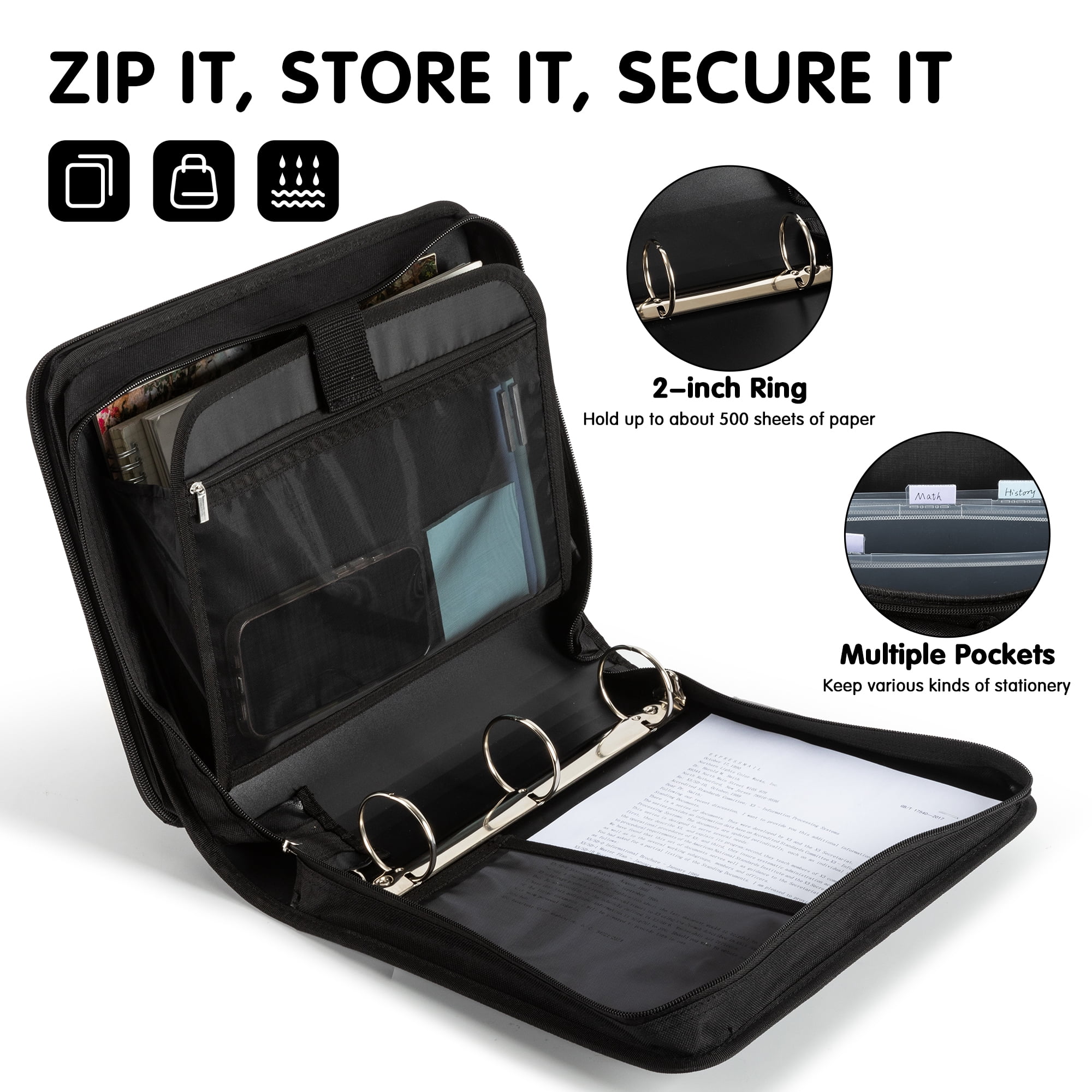 Deli Zipper Binder 2 inch 3 Ring 500 Sheet Capacity Multi-Pocket