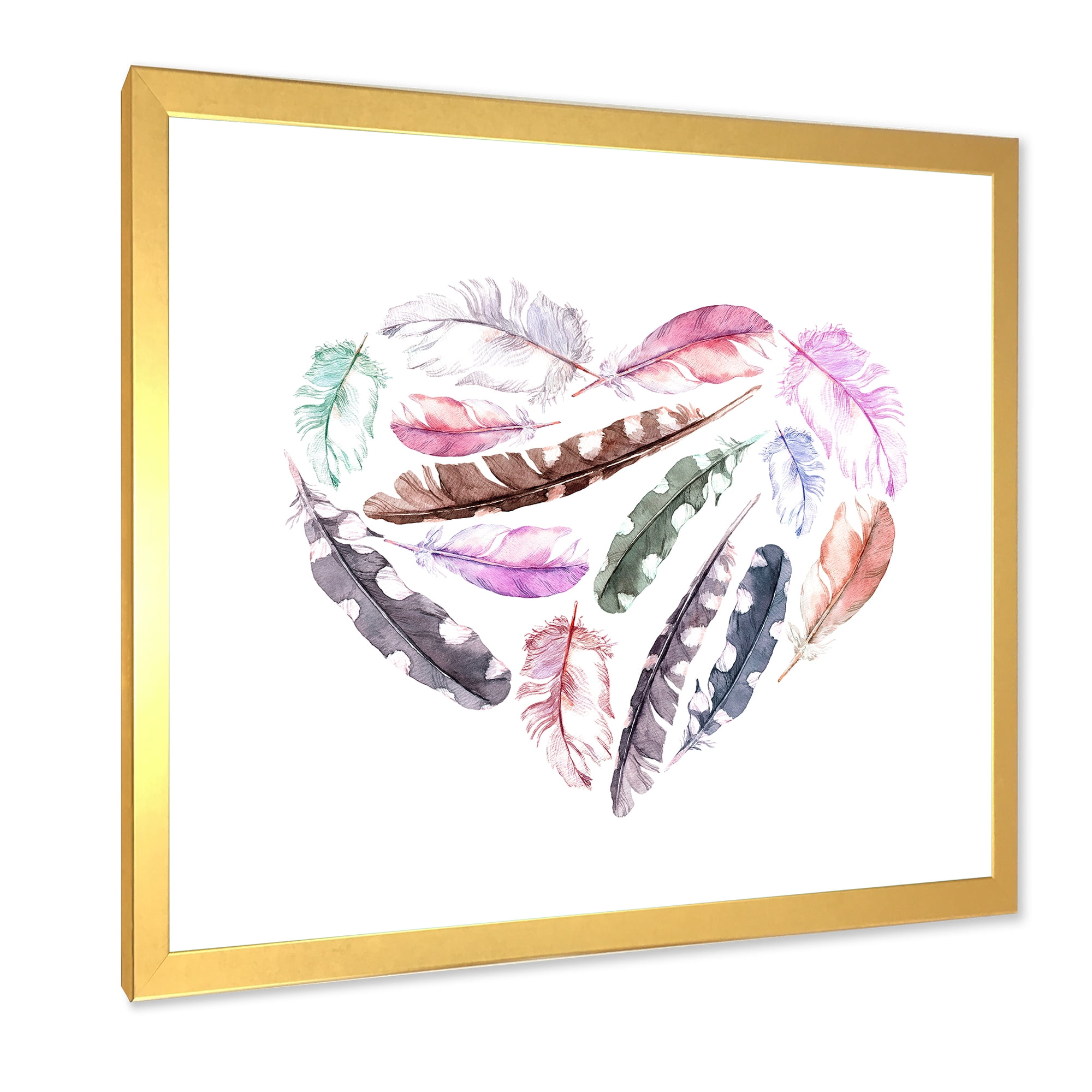 Designart 'Retro Pink Bird Feathers With Heart' Bohemian & Eclectic Framed Art Print