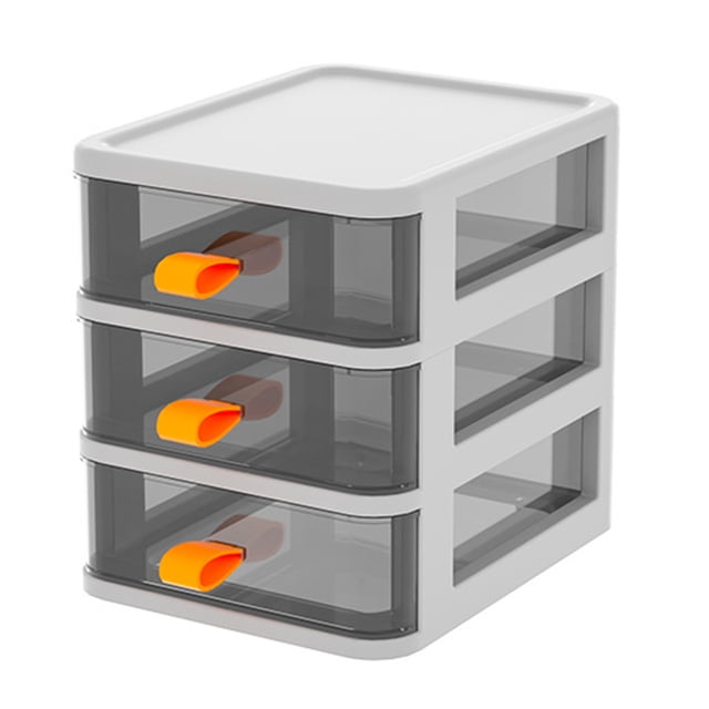 Caja de almacenamiento de escritorio tipo cajón, transparente, organizador de papelería de escritorio con asa naranja, 3 capas, blanco, 13,4 x 17 x 17 cm