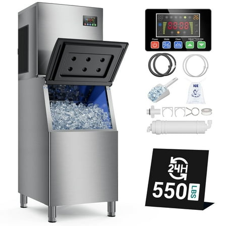 Joreek Commercial Ice Maker Machine 550lbs/24H Stainless Steel, with 360LBS Storage Bin, Industrial Ice Machine, Ice Ready in 5-15min, Perfect for Bars,Cafes