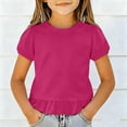 thumbnail image 2 of Girls Puff Short Sleeve T Shirts Kids Summer Casual Clothes Ruffl𝐞 𝐇em Base Layer Tops Teen Crewneck Loose Fit Workout Tee, 2 of 4