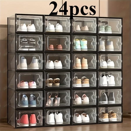 24pcs Heavy-Duty Clear Plastic Shoe Storage Boxes - Stackable Foldable Shoe Organizer with Lids Space-Saving Shoe Rack for Sneakers/Boots/Heels Easy Assembly for Home/Dorm/Retail