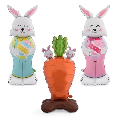 Standing Bunny Easter Balloon Rabbit Carrot Balloons With Base for Party Supplies Decorations Farm Animal Cute Rabbit Shaped Foil Mylar Balloons Happy Easter Balloons Kits 3PCS