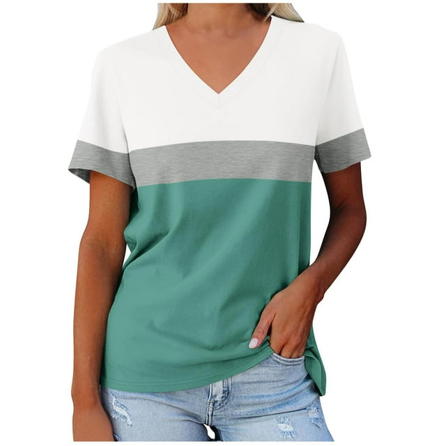 Yuyuzo T-Shirts pour Femmes Manches Courtes Décontractés Col en V Tops d'Été Color Block Tees Amples