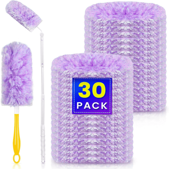 Heavy Duty Duster Refills, 30 pcs with Handle & Extendable Handle*1 , Multisurface 360° Dusters with 4X Microfibers(Purple)