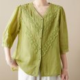 thumbnail image 3 of Lilgiuy Women's Cotton And Linen Retro Shirt Female Summer Thin V-Neck Shirt Loose Cardigan Top Wild Base Tees, 3 of 4