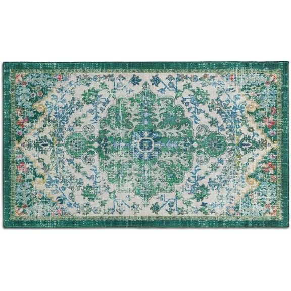 Boho Floral Decor Rug, Vintage Bohemian Rug for Bathroom Kitchen Bedroom Laundry Bedside, Non-Slip Washable Small Bath Rug, Entryway Floor Door Mat 17x30 Inch Green
