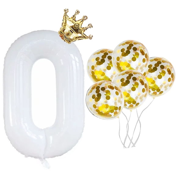 SUNFICON 40 Inches Number 0 Balloon, Giant White Digit Helium Foil Balloons, 1 Gold Crown Balloon, 5 Confetti Balloons for Birthday Wedding Anniversary New Year Party Decorations