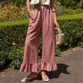 thumbnail image 2 of Women’s Plaid Wide Leg Pants Flared Leg Baggy Drawstring Ruffle Palazzo Pants with Pockets Summer Elastic Waisted Slacks Red M, 2 of 6