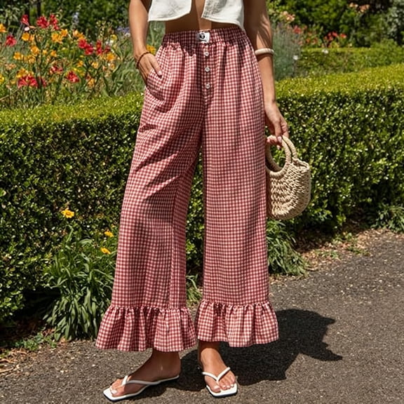 Womens Summer Plaid Pants Comfy Ruffle Hem Wide Leg Pants Pockets Resort Beach Vacation Lounge Trousers Red M