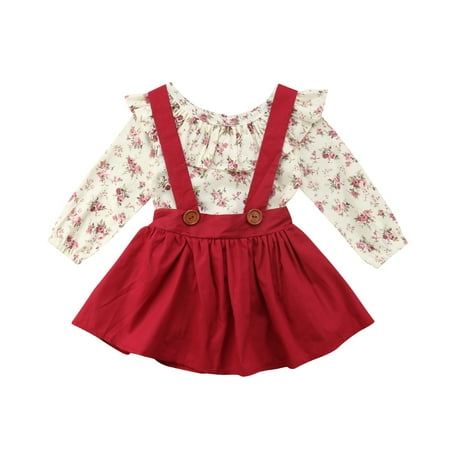 

Emmababy Baby Girl Cute Skirt Suit with Ruffled Floral Print Long Sleeve Tops with Solid Color Straps and Puff Dress Set