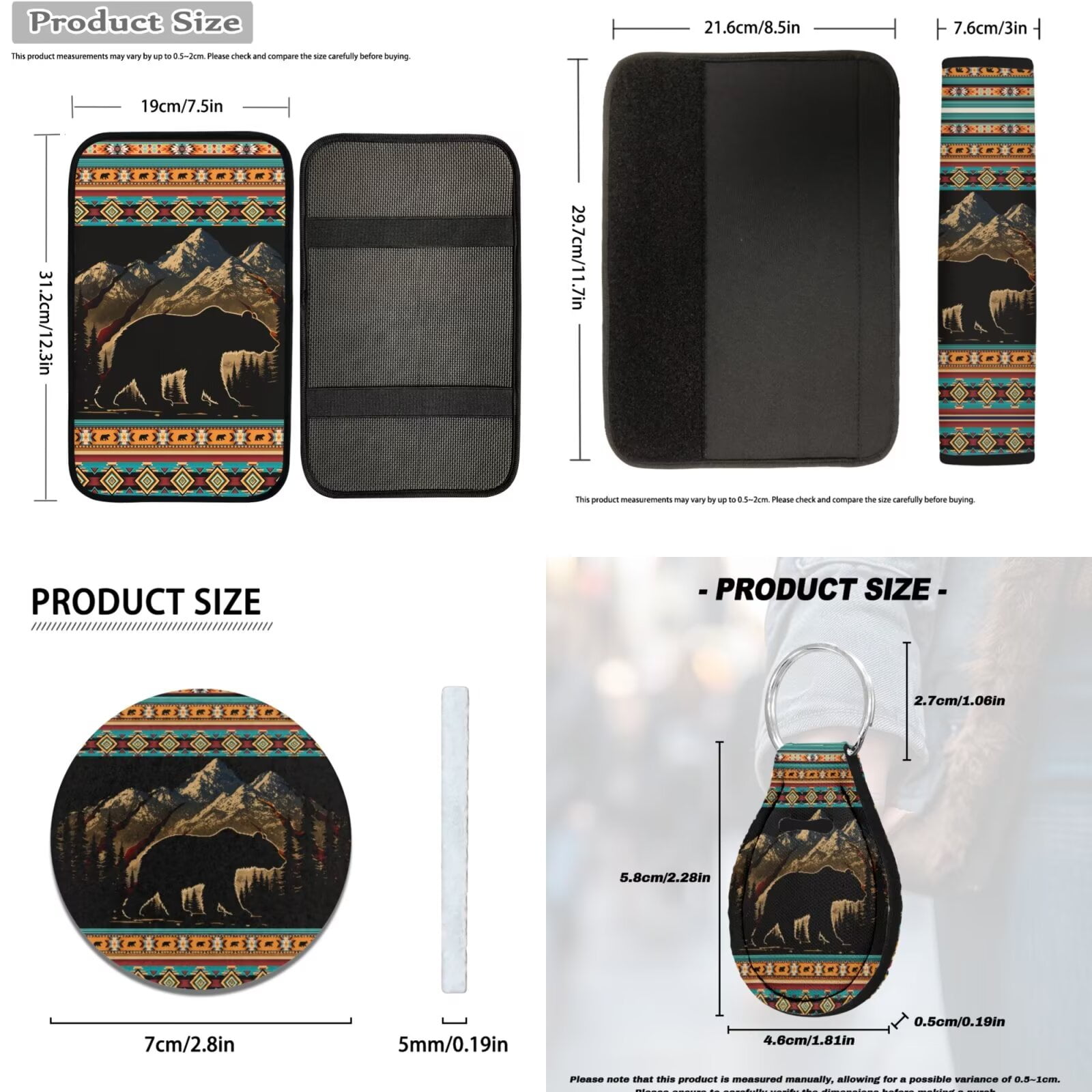 Binienty Western Aztec Car Seat Covers Front and Back Full Set 14 Pieces Auto Interior Set Brown Bear Car Seat Covers With Matching Steering Wheel Cover Elastic Washable Seatbelt Pad
