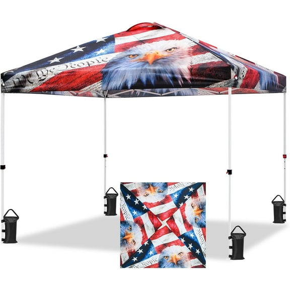 Pop Up Canopy Tent with Wheeled Carry Bag, 8 Stakes, 4 Ropes, 4 Weight Bags, Easy Set Up Tent Canopy, 10x10 ft, 100sqft of Shade, American Icon