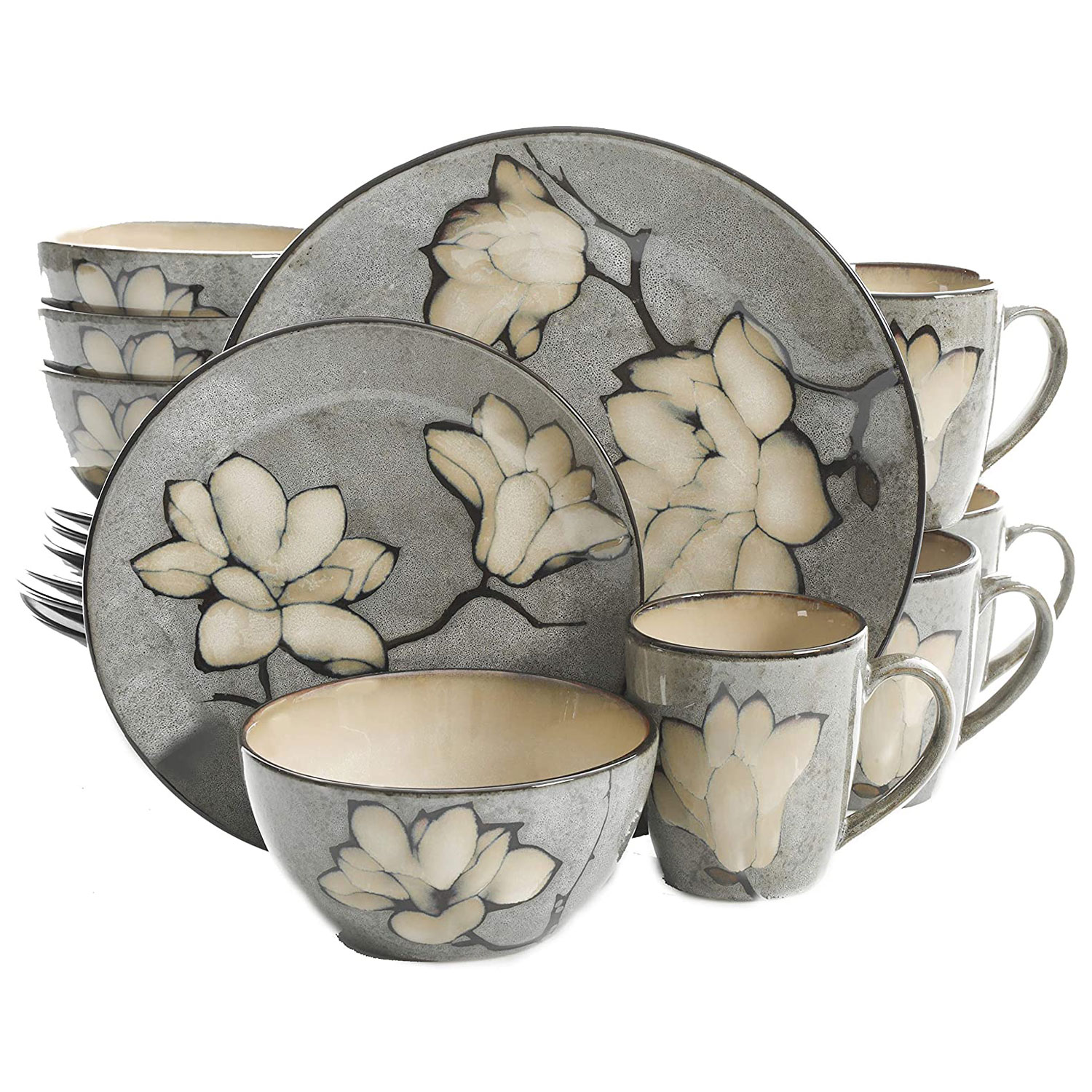 Gibson Elite 16 Piece Reactive Glaze Dinnerware Set Plates, Bowls ...