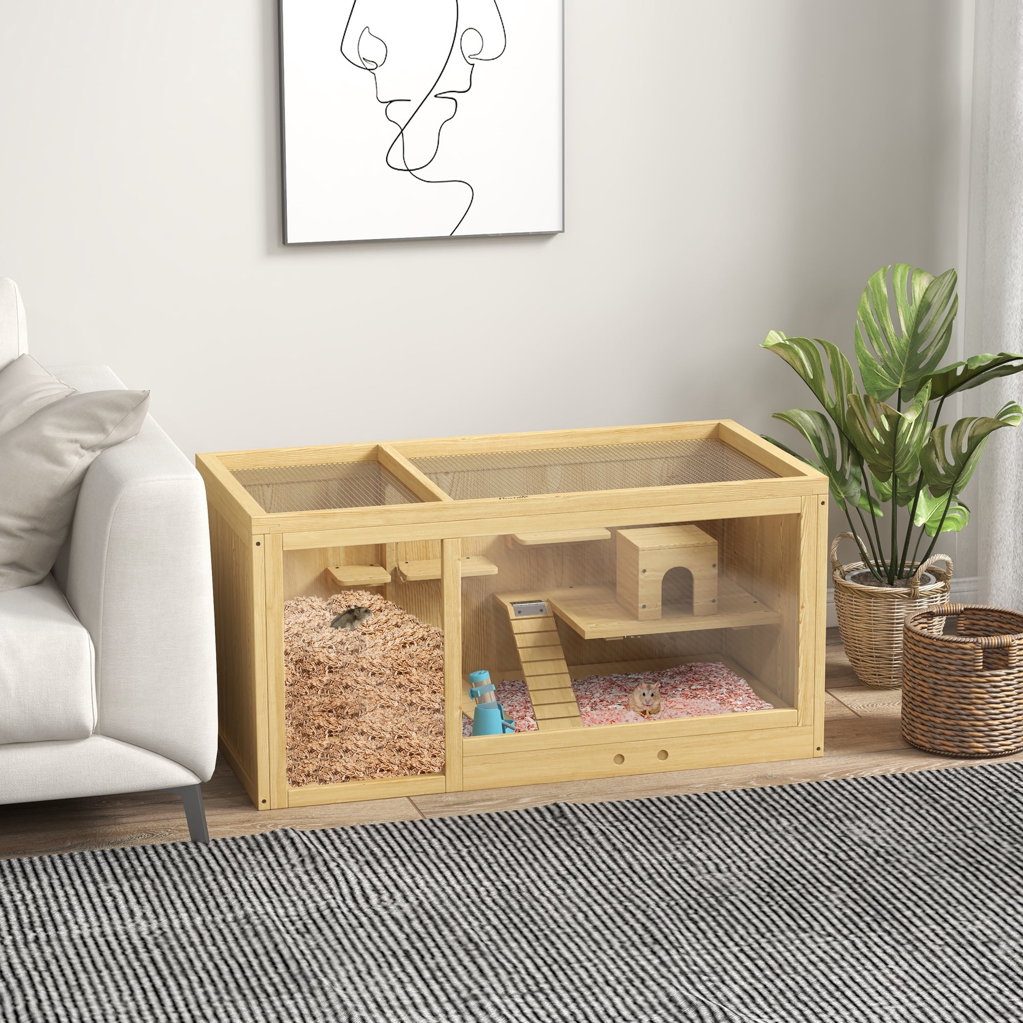 PawHut Wooden Hamster Cage, Extra Large Gerbil Cage Activity Center for Dwarf Hamster with Pull-Out Tray, Seesaws, Water Bottle, Ladder