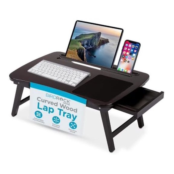 Curved Wood Lap Tray with Foldout Legs, Storage Drawer, Mouse Pad, Fits Laptops Up to 17", Tablet and Phone Slot, Laptop Table for Sitting or Standing, Work from Home - Walnut