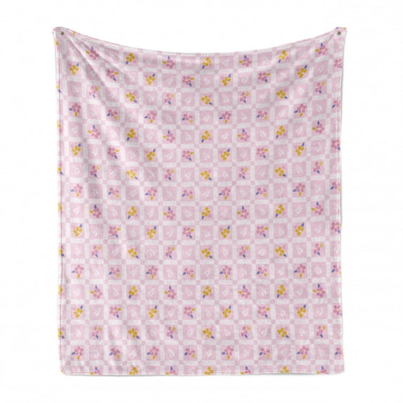 Floral Soft Flannel Fleece Throw Blanket, Hibiscus Flowers Arranged into Squares and Stripes Summer Design, Cozy Plush for Indoor and Outdoor Use, 70" x 90", Baby Pink and Dark Yellow, by Ambesonne