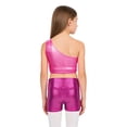 thumbnail image 2 of TSSOE Kids Girls 2-Piece Dance Outfits Hip Hop Jazz Cheer Dance Suits Shiny One Shoulder Crop Top and Booty Short Set Hot Pink 4, 2 of 5