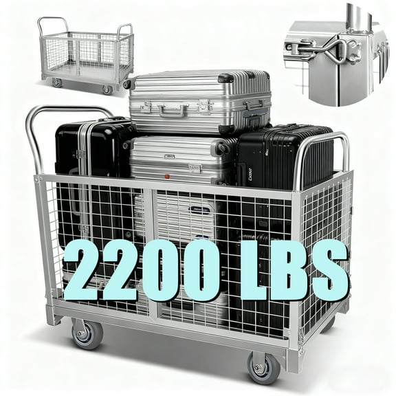 Net cage Trolley Heavy Duty Platform Cart Multipurpose Grocery Cart, 60.6 Pounds Cart Load 2200LBS, Silvery Metal 4 Swivel Casters for Home, Warehouse, Moving