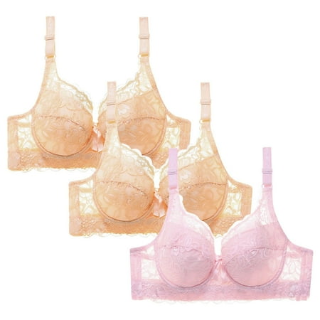 WREESH Womens Lace Bralette Comfortable Everyday Push Up Bra Soft Padded Wireless Plunge Bra Adjustable Strap No Underwire Bras Underwear 3 Pack Beige