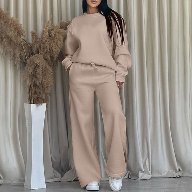 Wensltd Ensemble à Capuche pour Femmes Couleur Unie Décontracté Col Rond Manches Longues et Pantalon