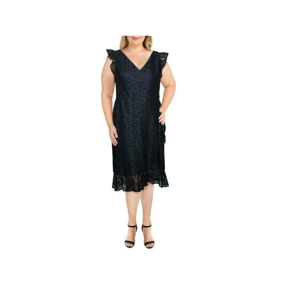LAUREN RALPH LAUREN Womens Navy Lace Glitter Cap Sleeve V Neck Midi Formal Sheath Dress 10