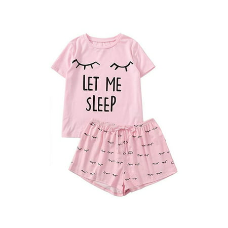 

Women s Sleepwear Round Neck Closed Eyes Print Tee and Shorts Pajama Set