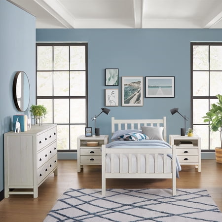 Alaterre Furniture Windsor 4-Piece Wood Bedroom Set with Slat Twin Bed  2 Nightstands and 6-Drawer Dresser  Driftwood White