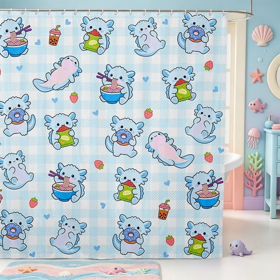 Manfei Kawaii Axolotl Pattern Shower Curtain 72Wx72L,Ocean Themed Amphibian Bathroom Curtain
