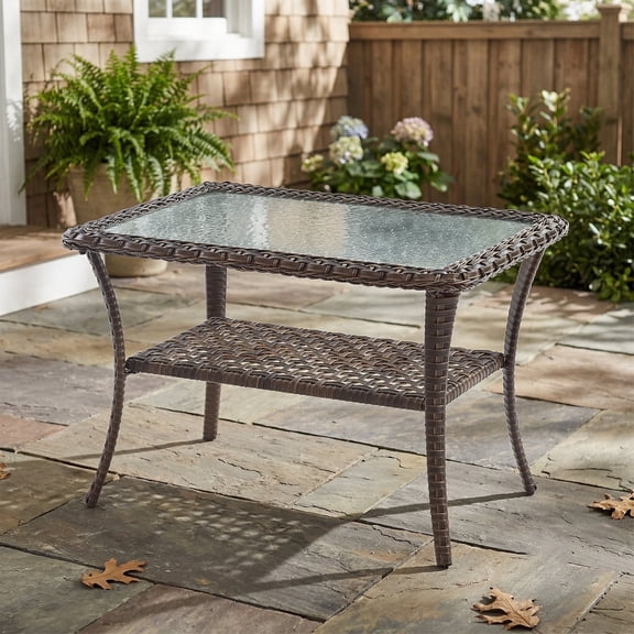 POCASSY Wicker Outdoor Coffee Table, 19.7"*37.8" Tempered Glss Top Brown Rattan Outdoor Coffee Table with 2-Layer Storage Furniture Tables for Garden,Porch,Backyard