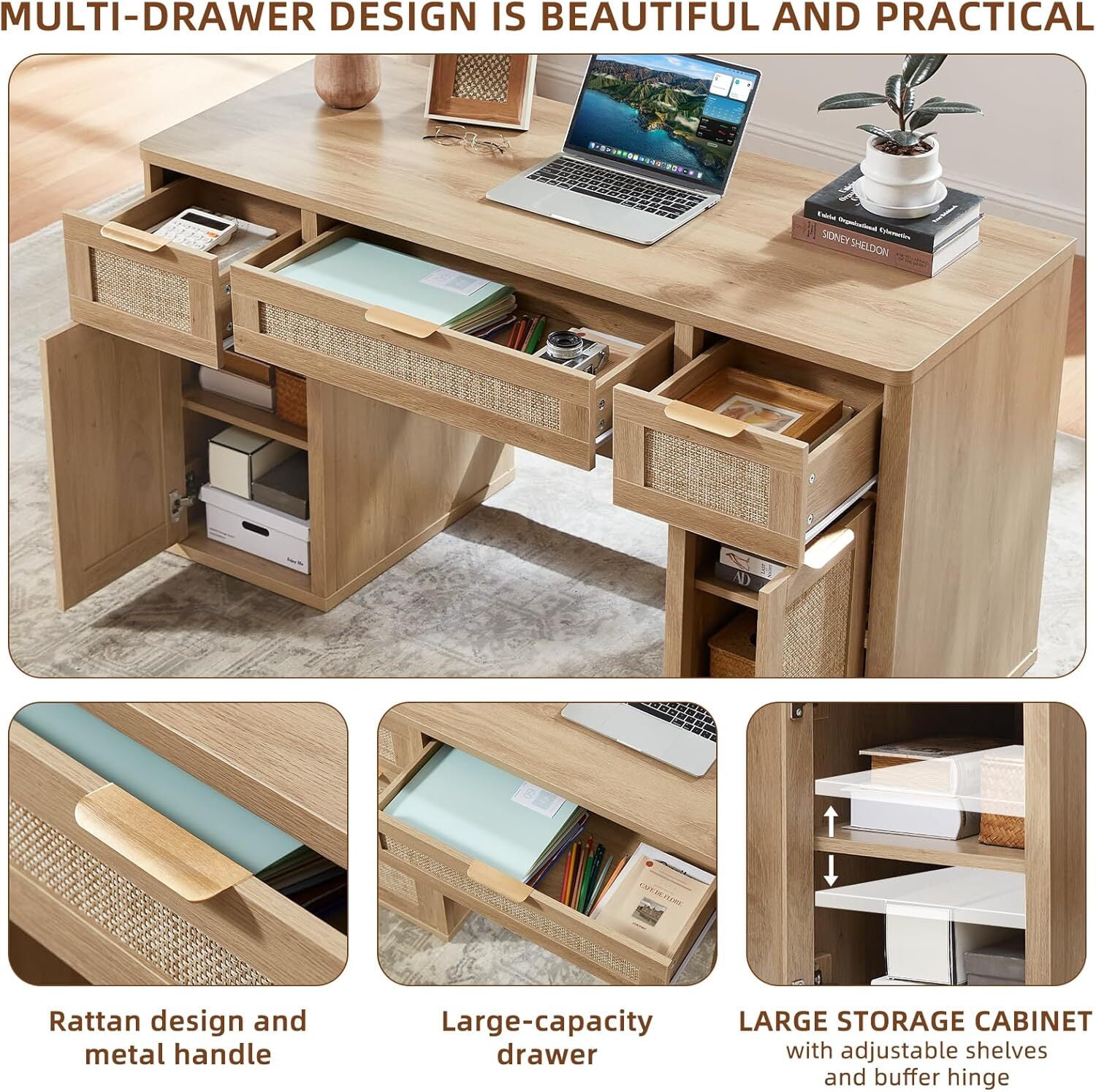LEYAOYAO Office Desk 56" with 5 Drawers Storage File Cabinet Rattan Wood Desk for Computer Office Bedroom Home Furniture Natural Oak