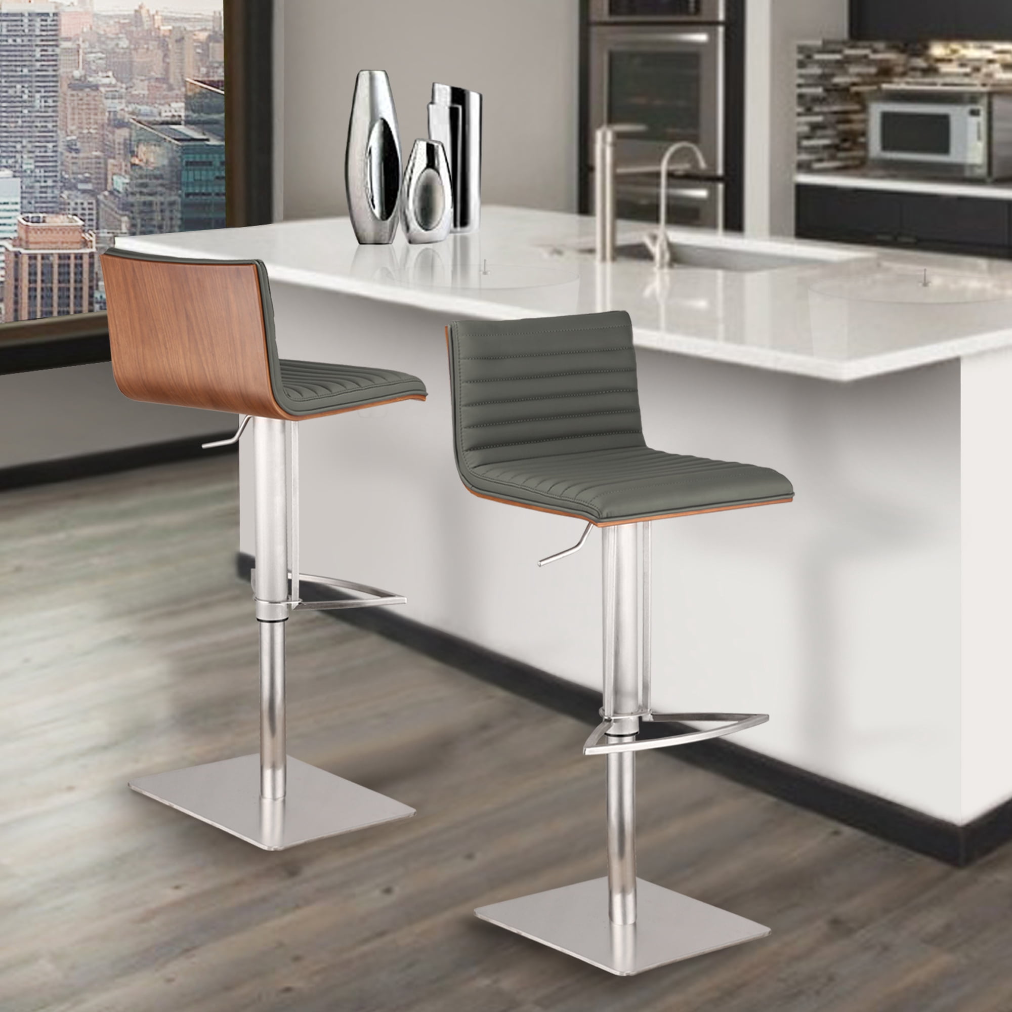 Armen Living Indoor Café Adjustable Height Swivel Gray Faux Leather and Walnut Wood Bar Stool with Brushed Stainless Steel Base