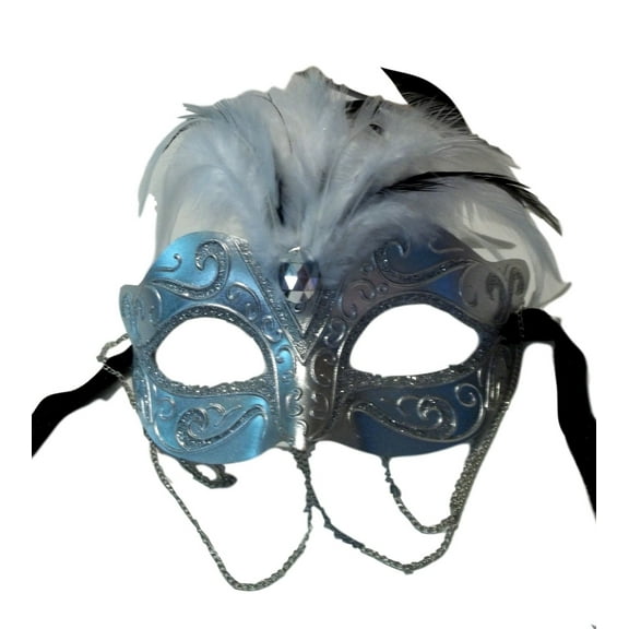 Silver Metallic Venetian Masquerade Mask Small Chains White Feathers