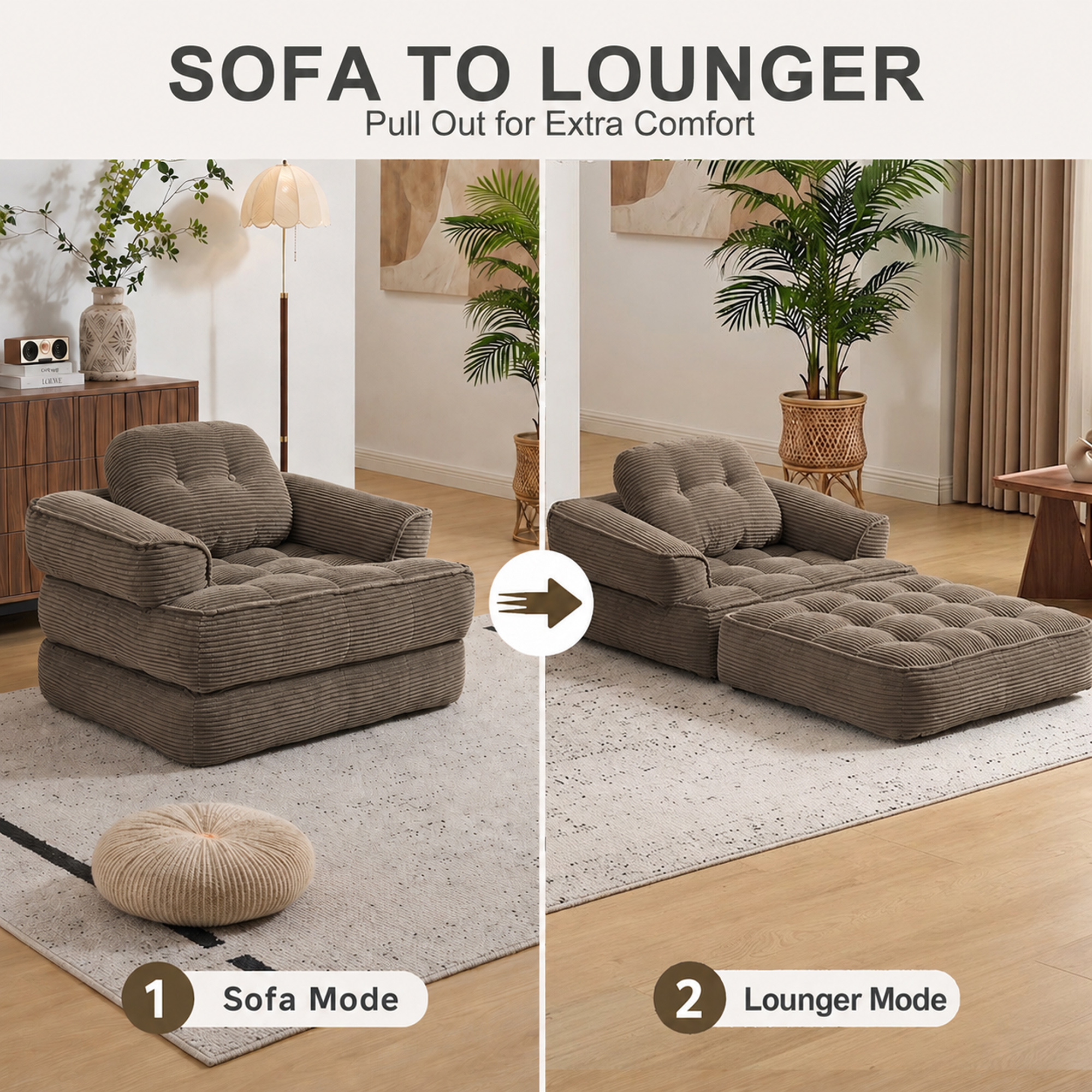 Leumius Folding Sofa Bed, Convertible Sofa Bed with Armrest, Corduroy Boneless Foldable Bed, 2-in-1 Portable Sofa Bed with Pillows for Bedroom, Living Room, Homestay, Game Room Coffee